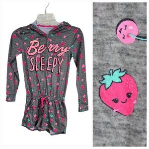Justice 6/7 Girl Strawberry Print Gray Hoodie Romper Pajama Loungewear Sleepwear